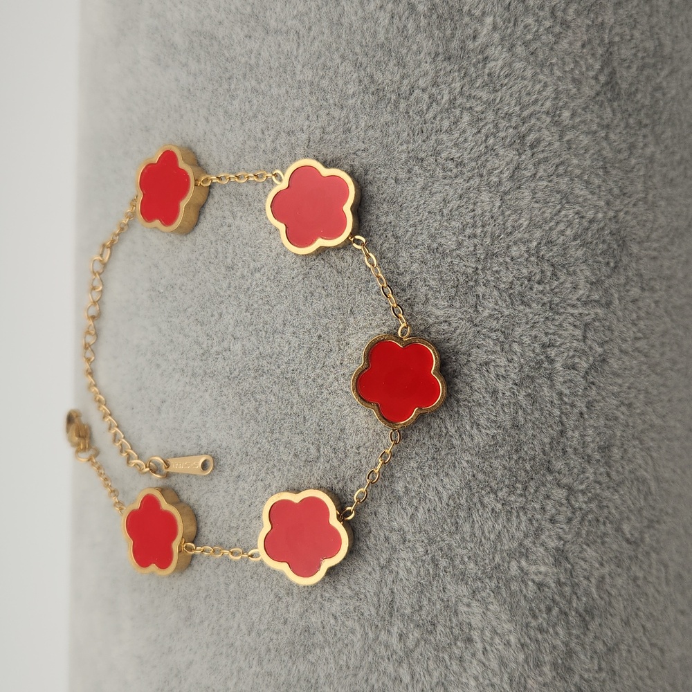 18K Gold Plated Clover Bracelet with Red Enamel